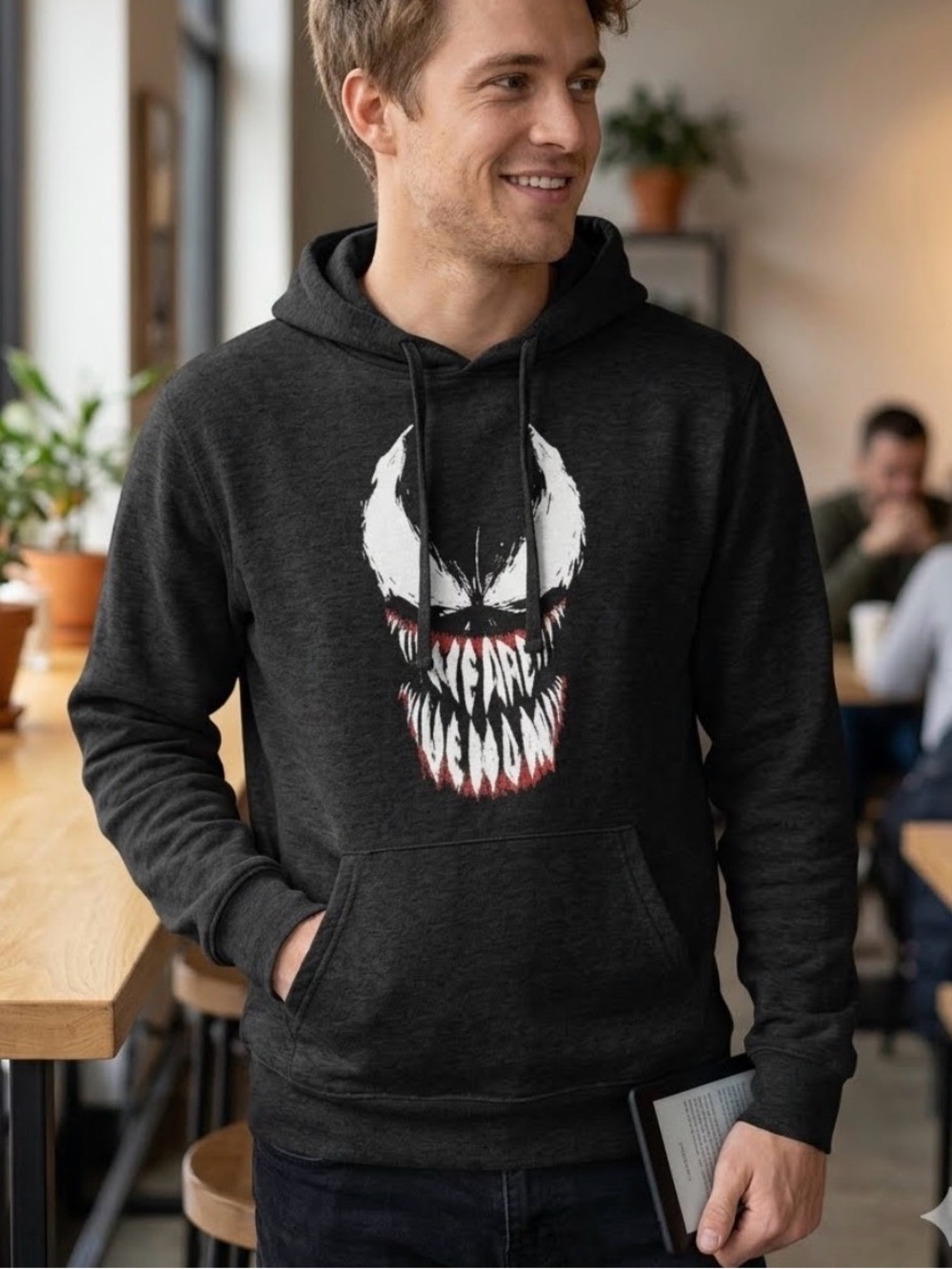 Port & Company, Marvel,Charcoal Pullover Hoodie with White and Red Graphic. 1071